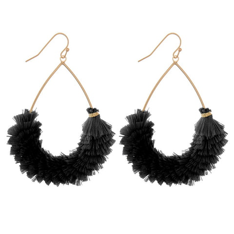 Black Fluffy Fringe Teardrop Earrings