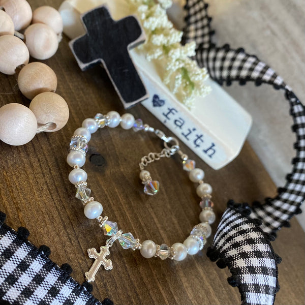 Sterling and Pearl Cross Charm Bracelet & Necklace Set