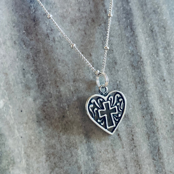 Sterling Silver Filgree Cross Heart Necklace