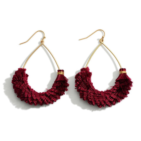 Maroon Fluffy Fringe Teardrop Earrings