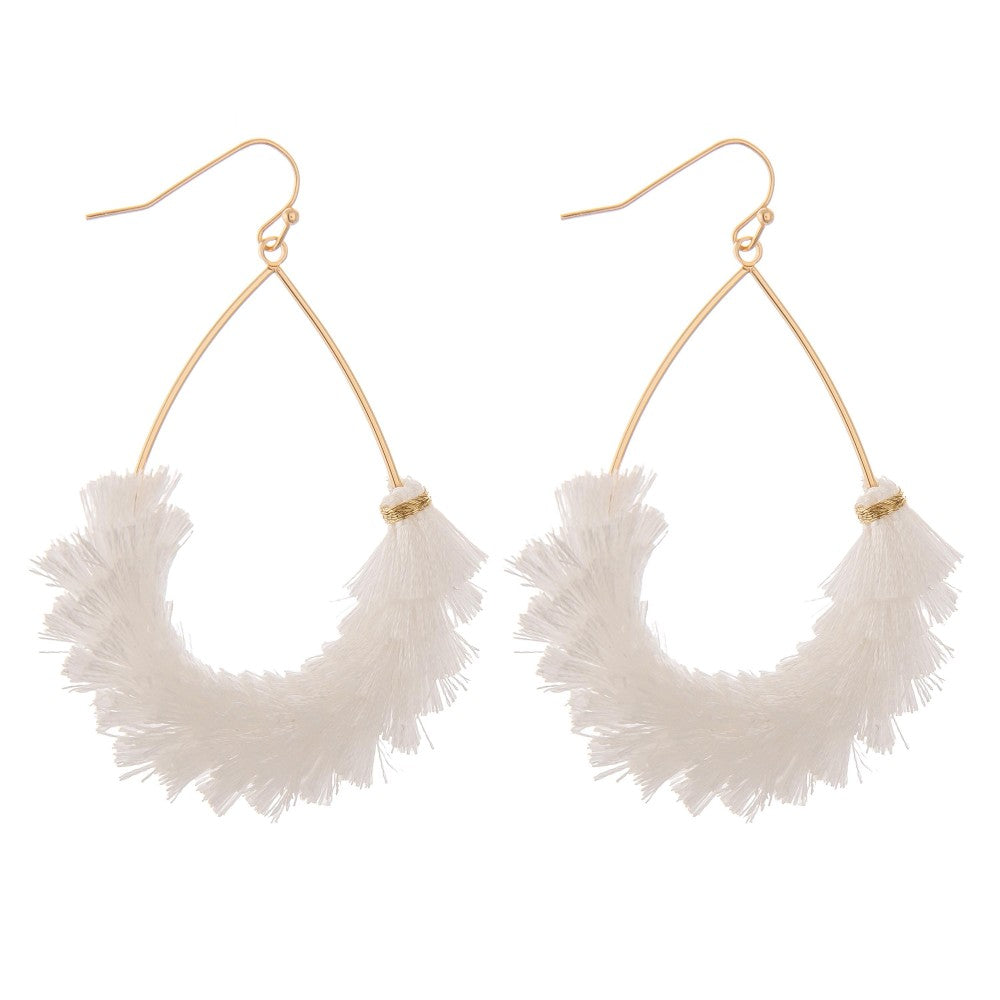 White Fluffy Fringe Teardrop Earrings