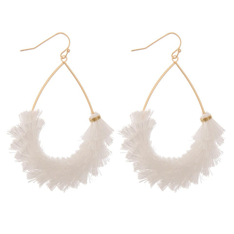 White Fluffy Fringe Teardrop Earrings