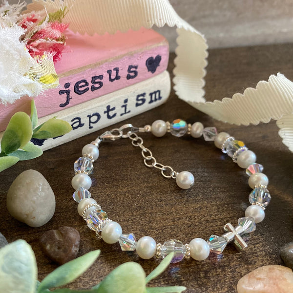 Sterling and Pearl “Bless this Child” Cross Bracelet